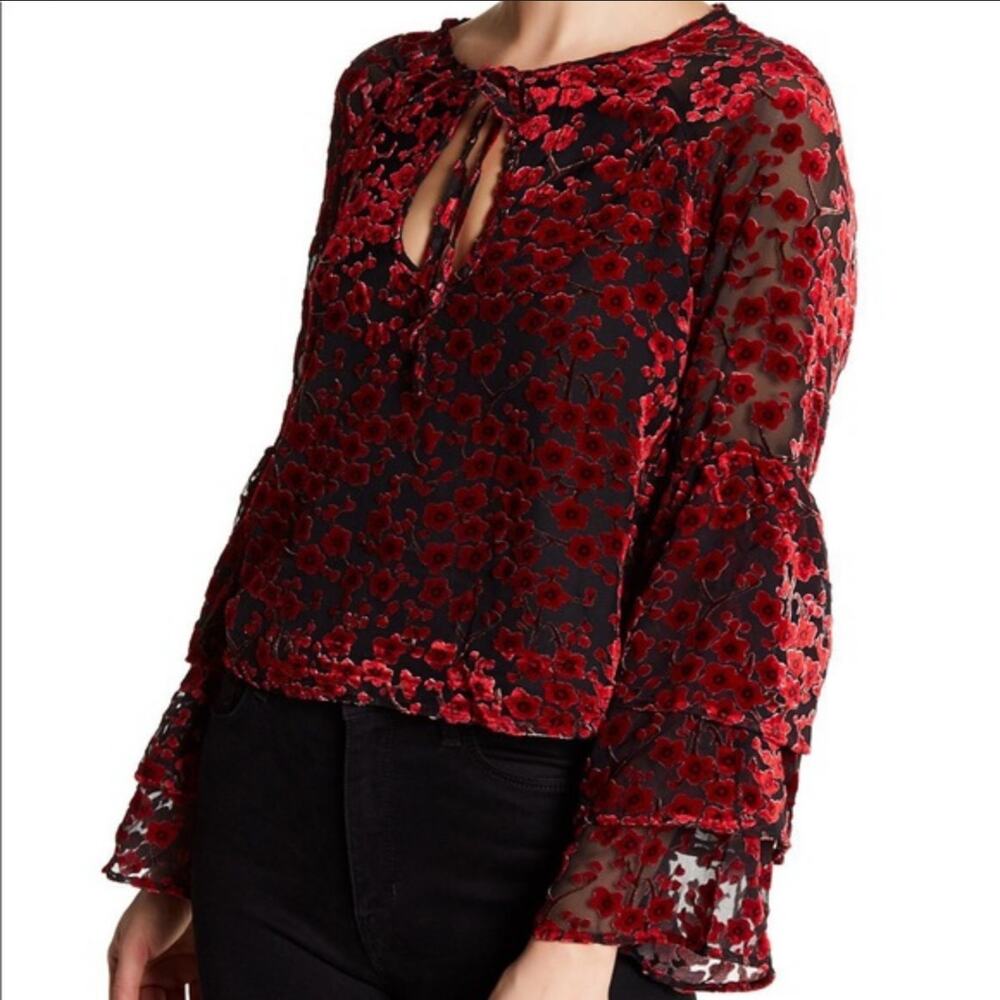 Lucca Piper Flocked Velvet Floral Keyhole Top - Red / Black - S